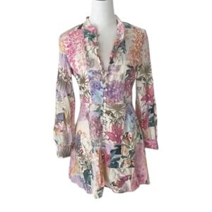Zara Linen Blend‎ Bird Print Shirt Mini Dress L Cottagecore Parrot Button Front